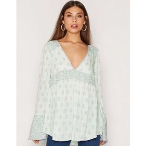 Free People Rolling Hills Bohemian Mint Green Blue Floral Top XS